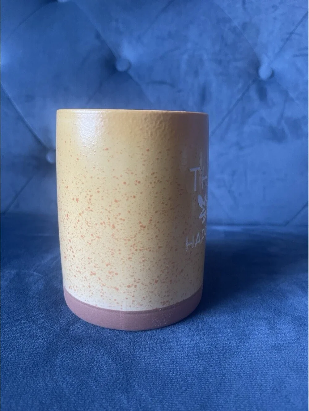 Place & Time Coffee Mug Yellow This Is My Happy Place Handle Large Speckled EUC